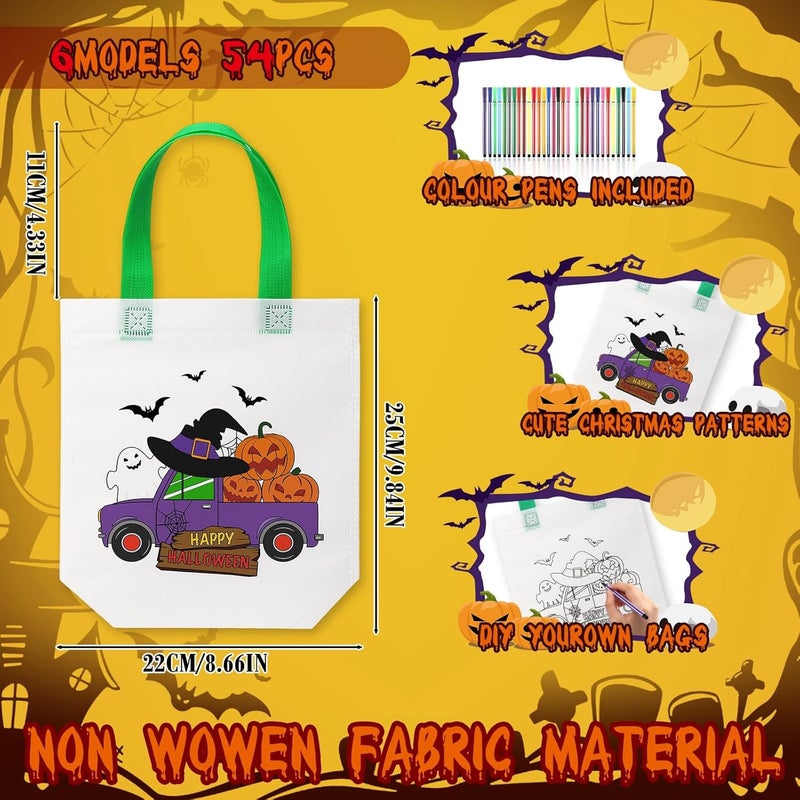 Vincreem 54 Pcs Halloween Coloring Goodie Bags with 60 Pcs Colorful Markers Non Woven Coloring Ghost Pumpkin Color Your Own Reusable Party Favor Bags for Holiday DIY Painting, 6 Styles - Image 2
